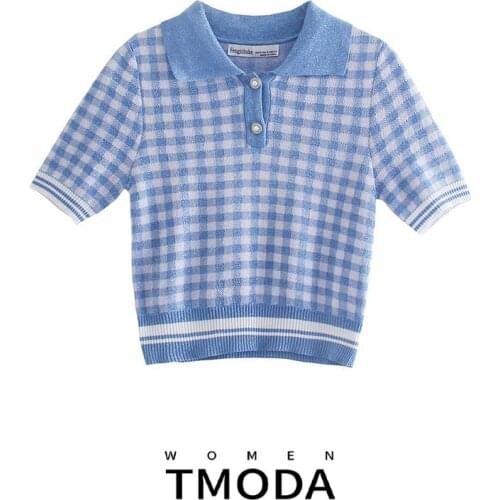 TMODA1392 Za 2021 Summer Sweet Cute Plaid Sweater T Shirt Girls Knitted Crop Tops Women Elegant Female Chic Pullover Tshirt