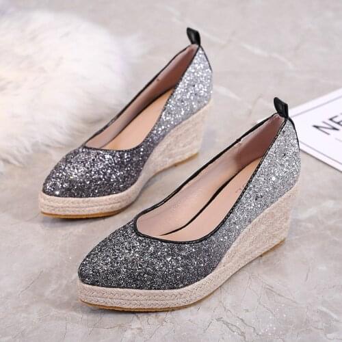 High heel wedge women shoes Slope heel Shoes Shallow Mouth Banquet 2021 New Sequined Platform Elegant High Heels Female Wedge