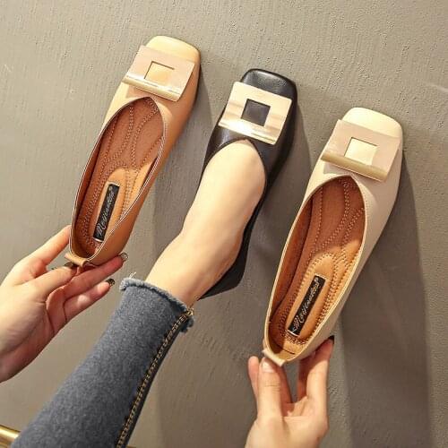 Soft leather comfy flats metal buckle square toe women shoes solid slip on casual single moccasins ladies brief shallow loafers
