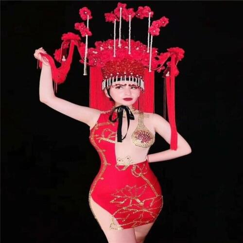 V18 Singer perform wear stage costume gold rhinestones dress sexy mesh red hip skirt stretch sleeveless crystal diamond outfit