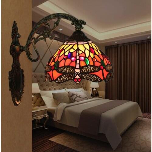 Stained Glass Bedside Wall Lamp Vintage Bar Cafe Restaurant Balcony Stair Wall Sconce European Luxury Dragonfly Wall Light