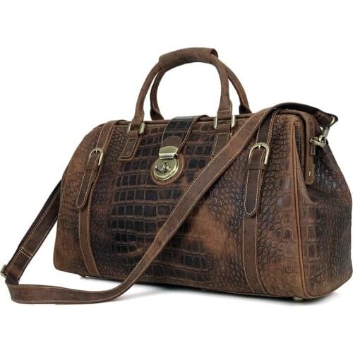 Men Cowhide Large Capacity Travel Bag Brown Unique Pattern Design Vintage Genuine Cow Leather Locked Travel Durable Duffle Bags