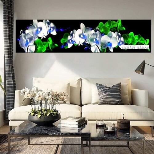 Green White Orchid Black Background Flower 5d Diy Diamond Painting Cross Stitch Full Square Round Diamond Embroidery Home Decor