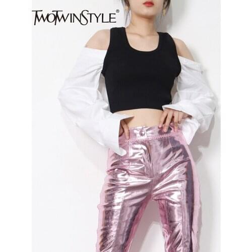 TWOTWINSTYLE Slim Colorblock Womens Shirt O Neck Long Sleeve Off Shoulder Short Blouse Female Fashion New Clothing 2021 Autumn