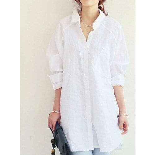 Womens Clothing Lady Oversize Loose Boyfriend Style Blouse Long Shirt Top Fashion Solid Color Long Sleeve Lapel Single Breasted