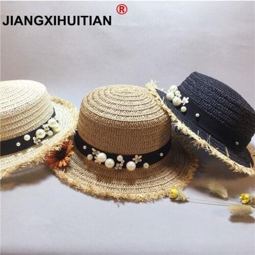 Lady Boater sun caps Ribbon Round Flat Top girls Straw beach hat Panama Hat summer hats for women straw hat snapback gorras