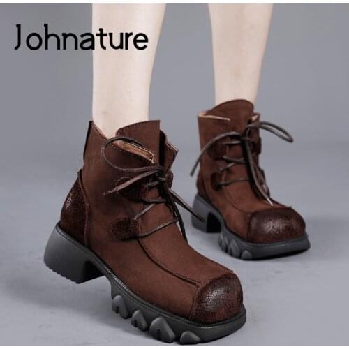 Johnature Lace-Up Shoes Women Boots Genuine Leather Round Toe 2021 New Winter Handmade Leisure Concise Sewing Platform Boots