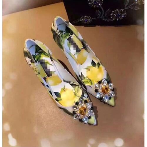 Blingbling diamonds flower print leather high heel shoes woman pointed toe flower colorful diamonds wedding shoes woman crystal