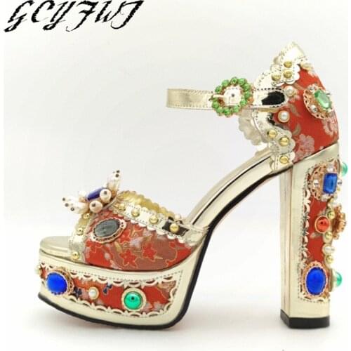 Women Sandals Buckle Strap Open Toe Ladies Shoes Ethnic Style Cheongsam With Special-shaped Beaded Buckle Mature Sandalias Mujer