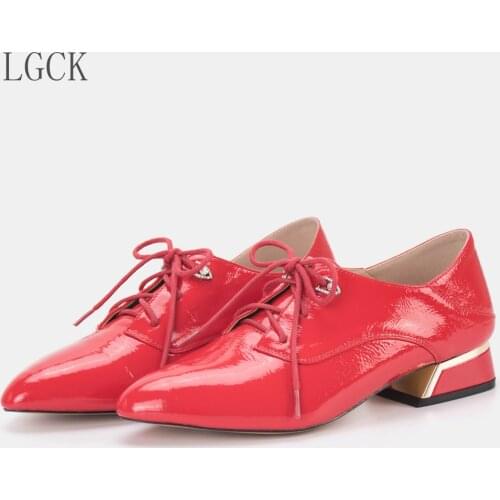 Plus Size 34-43 Genuine Leather Women Shoes Lace Up Party Wedding Spring Autumn Female Concise Round Toe Women Thick Low Heels