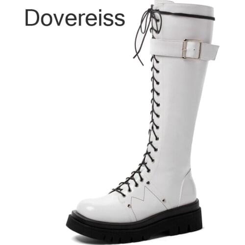 Dovereiss Fashion Female Boots Winter Sexy Elegant Zipper White Cross Tied Waterproof Buckle Knee High Boots 42 43