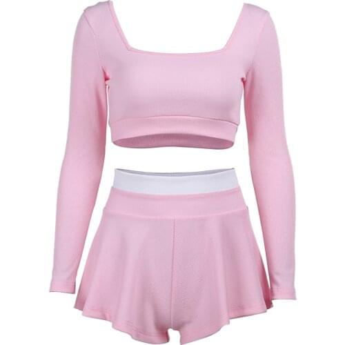 Womens Two-piece Suit Solid Color Long Sleeve Square Collar Crop Top And Culottes Outdoor Indoor Sports