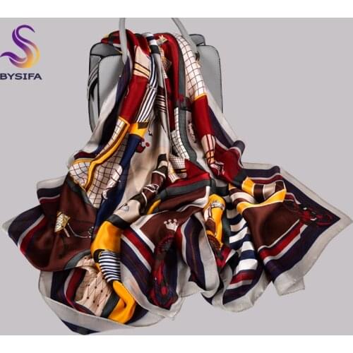 [BYSIFA] Brand Grey Wine Red Ladies Silk Scarf Shawl Spring New Horse Design Female Long Scarves Ladies Accessories 180*90cm