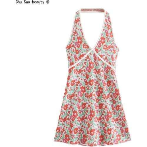 Sweet Backless Printed Knitted Halter Dress Hot Sexy Women Summer Jacquard Casual 2021 New Holiday Style Stretch Dress Vestido
