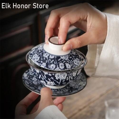 160ML Retro Blue and White Flower Sancai Covered Bowl Teacup Kung Fu Tea Set Hand Grab Tea Maker Respect Tea Bowl Gaiwan Tea Set