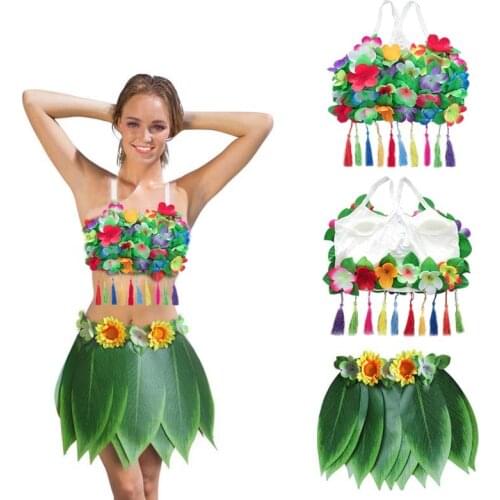 2PCS/SET Bra + Skirt Women Hawaiian Artificial Leaves Grass Skirt t Beach Summer Holiday Turtle Leaves Hawaiian Dance Costume