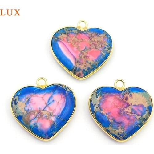 2pcs Natural Vintage Colours Stone Emperor Stone Gold Heart Shape Pendants Exquisite Charm Woman Jewelry Making Necklace 20mm