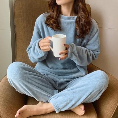 2020 Home Suits Women Autumn Winter Warm Plush Solid Color Long Sleeve Blouse Pant Pajama Set sleepwear femme Homewear