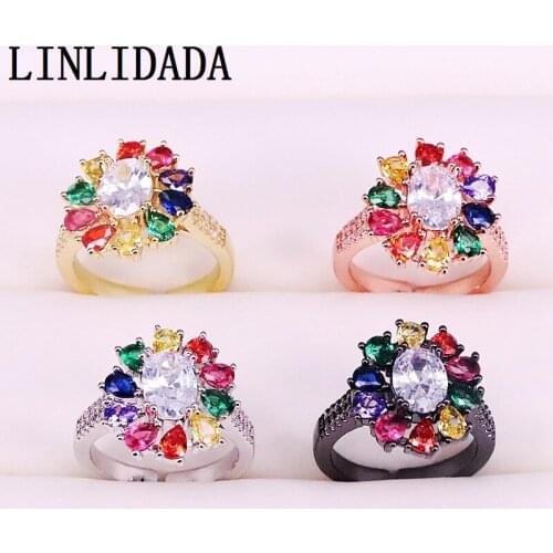 5Pcs Shiny Rainbow cubic zirconia cz flower ring Micro Pave Zircon fashion jewelry Mix Color parrty engagement band ring