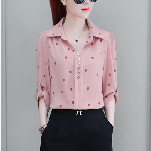 Dots Chiffon Summer Women Blouses Elegant Temperament Polo-Neck Casual Shirts Print Splice Tops Blusas Fashion MM0530