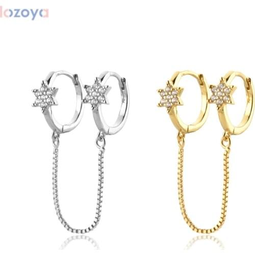 Lozoya 925 Sterling Silver Circle Pendiente Gold Star Zircon CZ Huggies Chain Hoops Earring Luxury Jewelry For Women Fashion