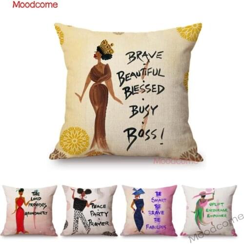 Fashion Black African Lady Cartoon Motivated Quotes Exotic Sofa Decor Pillow Case Africa Woman Black Art Linen Car Cushion Cover