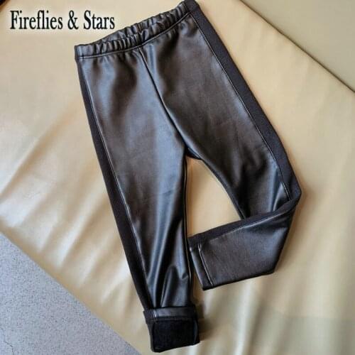 Spring Autumn Girls Pu Leggings Baby Skinny Pants Kids Casual Bottoms Children Tights New Faux Leather Knitted Patch 3 To 8 Yrs