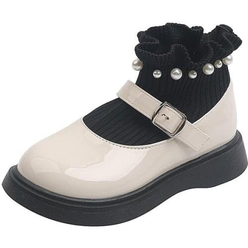 GABRIELIAN Children Leather Shoes Kids Autumn Winter Knitting Ankle Boots Baby Girl Pearl Princess Footwears 4-16Y