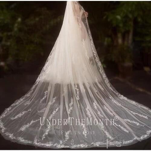 Real Photos 3.5M Bridal Veil White Three-dimensional Lace Appliques Beaded With Face Veil Comb Long Cathedral wedding Headpiece