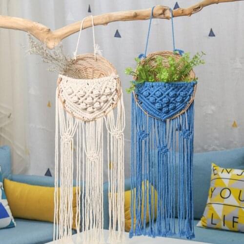 Bohemian Style Home Living Room Handmade Cotton Tassel Wall Decoration Potted Hanging Basket Net Pocket Tapestry Flower Basket