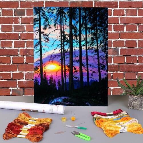 Landscape Forest Printed Water-Soluble Canvas 11CT Cross-Stitch Full Kit DIY Embroidery DMC Threads Painting Needle
