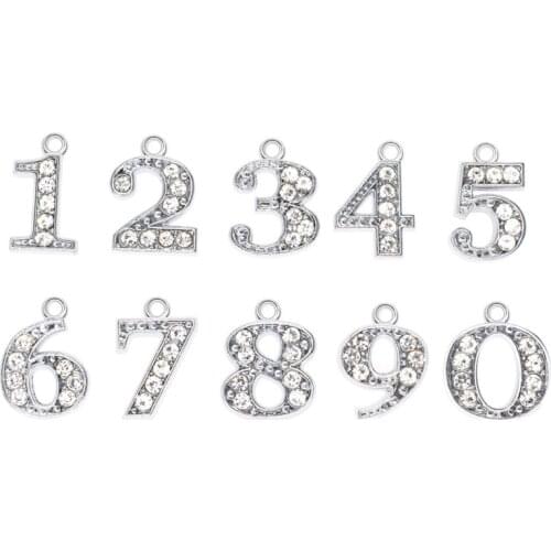10pcs/Lot Rhinestone Number Necklace Pendant 0 to 9 Crystal Hang Charms For Keychain Pet Collar DIY Women Jewelry Making Gift