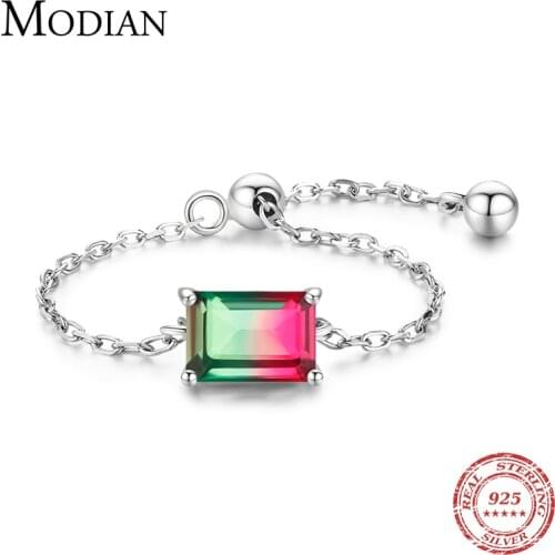 Modian Solid 925 Sterling Silver Emerald Cut Candy Tourmaline Rings Chain Link Adjustable Ring For Women Fine Female Jewelry