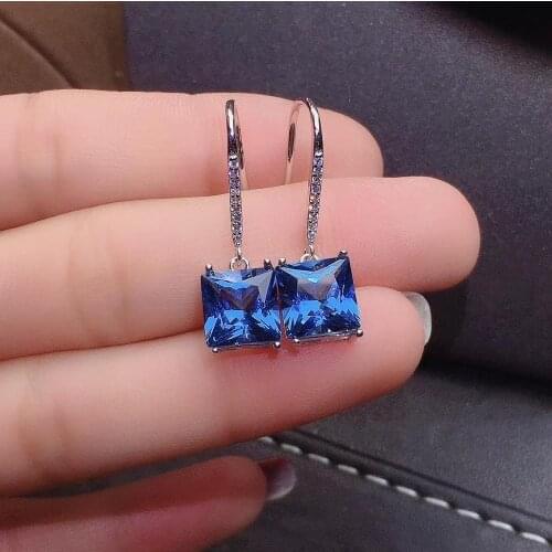 Fashion grace 8*8mm Pillow square Natural blue topaz drop earrings 925 silver natural gemstone earrings women party gift jewelry