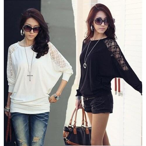 Fashion Autumn Womens Long Sleeve Crew Neck Batwing Dolman Lace Casual Loose Tops T-Shirt Size S M L XL