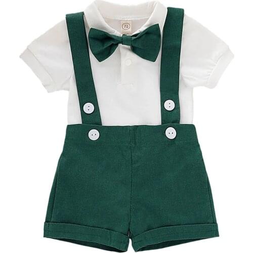 3 Pcs Newborn Solid Color Outfits, Baby Boys Short Sleeve Lapel Romper + Suspender Pants + Bow Tie