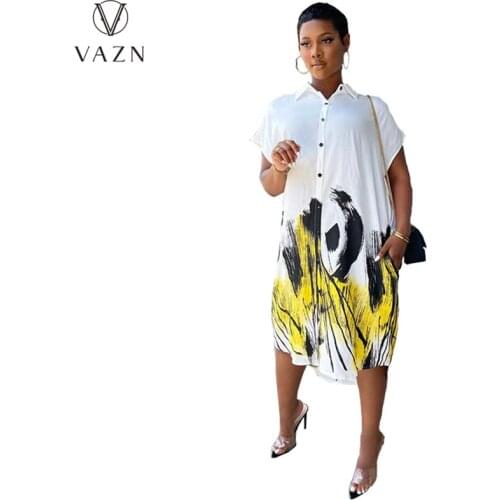 VAZN 2021 Hot Popular Shirt Dress Nature Casual Free Daily Young Cocktail Chiffon Short Sleeve Slim Young Women Mini Dress
