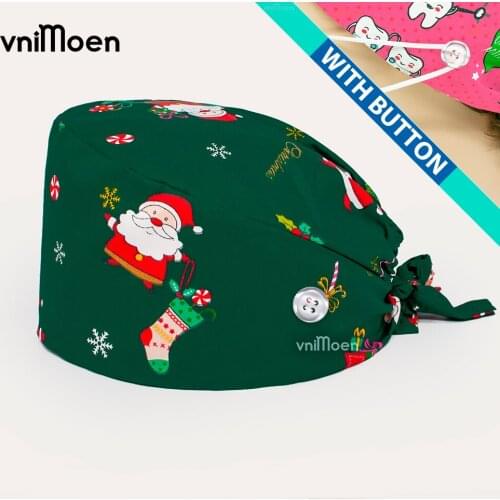 Christmas surgic cap for man Womens Working Cap with Button Upgrade Sweatband Adjustable Tie Back Hats Bouffant Hats for Men