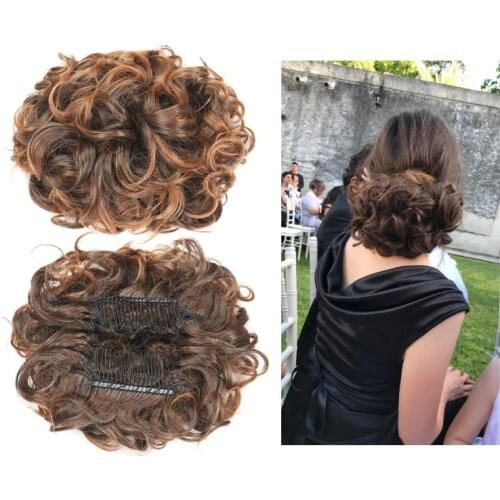 Synthetic messy hair bun chignon with elastic band and clips in comb ponytail hairpieces for women messi curly scrunchie hair