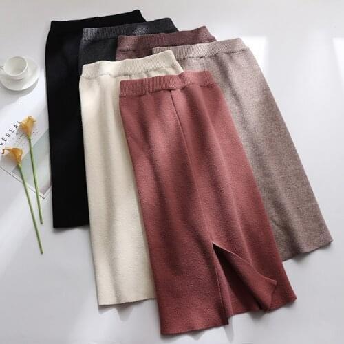 WWENN Womens Knitted Straight Skirts Solid Basic Ladies High Waist Knee-length Skirt Streetwear 2021 Autumn Winter New