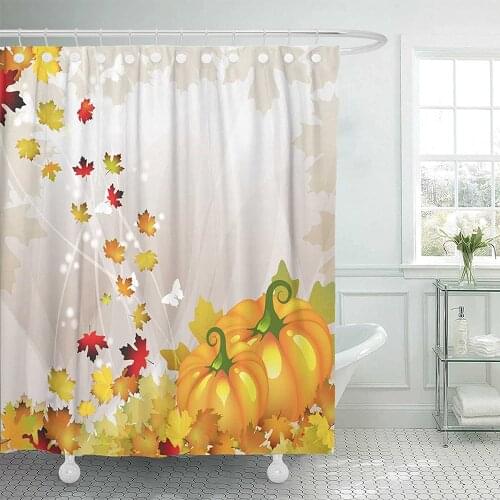Orange Pumpkin Vegetable Shower Curtain Waterproof Fall Leaves Autumn Autumnal Crop Drawing Bathroom Curtains with Hook