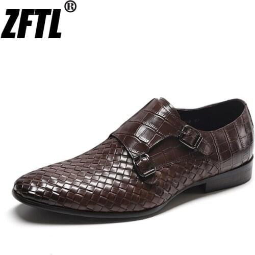 ZFTL New Men dress shoes Woven style cowhide handmade man oxford shoes male business shoes formal lace-up mens retro Brown