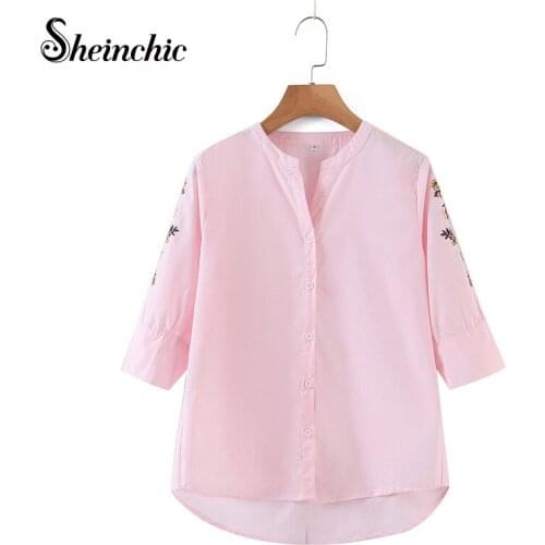 Pink/khaki Floral Embroidery Blouses Femme 2021 Summer Loose Casual Shirts Women Fashion Clothing Top