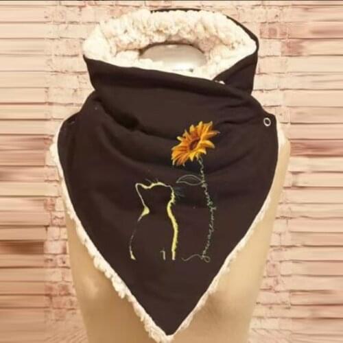 40#Women Cat Floral Print Scarf Thick Cashmere Wraps Winter Warm Scarves Multi-purpose Shawl Button Plus Velvet Thicken Scarf