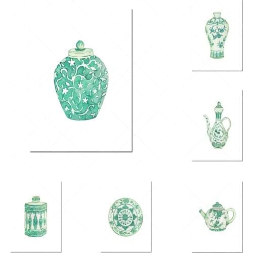 Watercolor Chinese printing art set 9 pieces of porcelain posters, watercolor Chinese style printable jade green Chinese style a