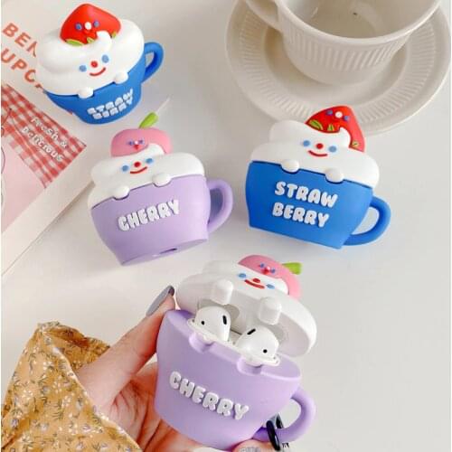For Airpods Pro 3D Cute Cartoon Strawberry Cherry Ice Cream Cup Case for Apple Airpods 1 2 3 Wireless Earphone Protector Cover