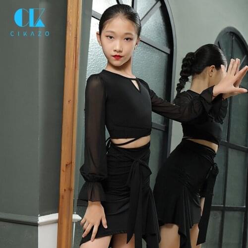 Latin Dance Sets Kids Dance Costumes Mesh Long Sleeve Girls Dance Tops Strap Fashion Ballroom Practice Dancewear Purple New 1164