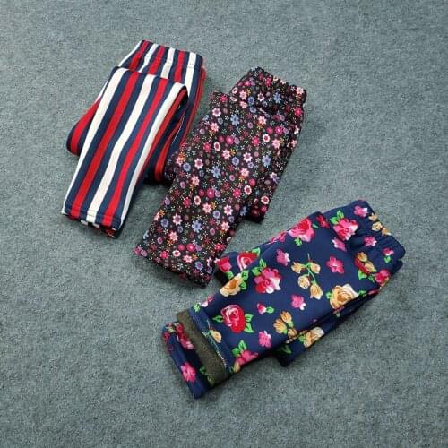 Floral Printing Winter Atumn Childrens Baby Girls Leggings Plus Velvet Warm Pants Girls Trousers Clothes