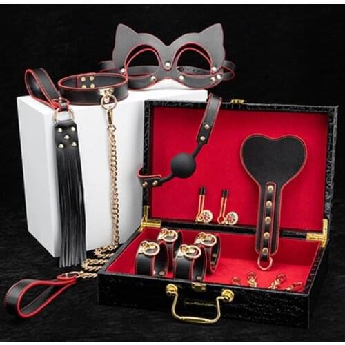Erotic Sexy BDSM Bondage Set Adult Game Bed Kits Slave Restraint PU Leather Handcuffs Collar Gag Whip Sex Toys for Women Couples