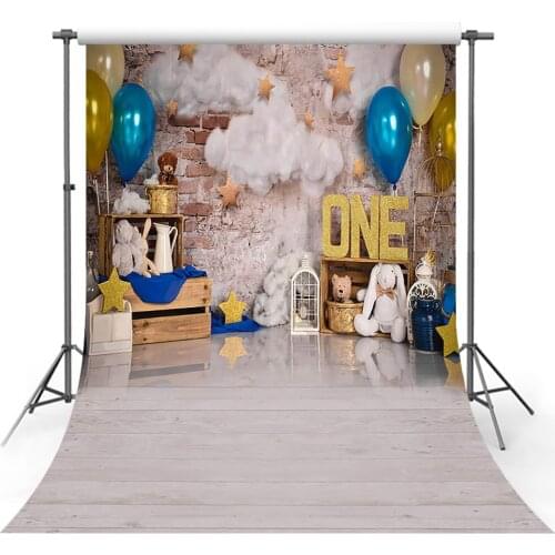 1st Birthday Party Backdrop Blue Balloon Star Brick Wall Cloud Wooden Floor Photography Background Photoshoot Studio Decor Props